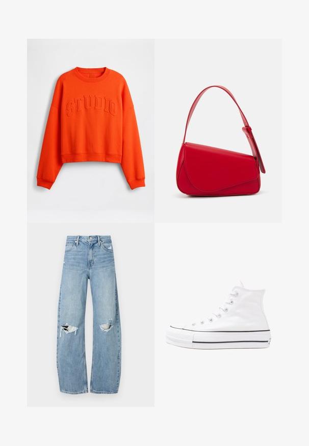 Oranžová zkrácená mikina s reliéfním nápisem "STUDIO" na přední straně, s dlouhými rukávy a žebrovaným výstřihem a lemem.; Světle modré džíny s vysokým pasem vyrobené z denimu. Mají široké nohavice, dvě roztržené oblasti na kolenou a klasický pětikapsový střih.; Bílé vysoké plátěné tenisky s černou gumovou podrážkou, přední gumovou špičkou a šesti očky na tkaničky, se čistým, minimalistickým designem.; Červená kožená kabelka s ostrým, geometrickým designem. Má jeden nastavitelný popruh a klopu s prošívanými detaily.