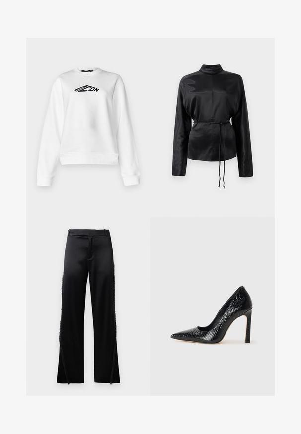 Hvid sweatshirt med rund hals og lange ærmer. Sort grafisk tekst på brystet. Blød stof med en let cropped pasform.; Sort satin langærmet skjorte med høj krave, indsnævret talje og justerbar snoretræksdetalje. Glat tekstur med en elegant finish.; Sorte satinbukser med brede ben, der har frynse detaljer langs sidesømmen og en flad front talje. Ensfarvet bag uden lommer.; Sorte spidse tå stiletto-sko i krokodilleskind med et strømlinet design, høj hæl og glat sort inderside.