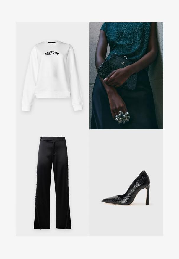 Sweatshirt blanc avec un col rond et des manches longues. Texte graphique noir sur la poitrine. Tissu doux avec une coupe légèrement raccourcie.; Pantalons en satin noir à jambes larges, avec des détails en franges le long des coutures latérales et une taille plate à l'avant. Dos uni sans poches.; Escarpin noir à bout pointu avec texture en cuir de crocodile, présentant un design élégant, un haut talon aiguille et un intérieur noir lisse.; Sac à main en cuir noir à motif crocodile avec des finitions en métal argenté, posé sur un fond texturé gris. Présente une surface brillante.