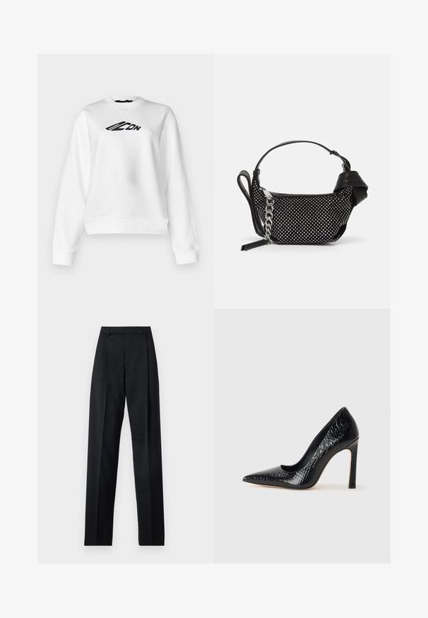 Sweatshirt blanc avec un col rond et des manches longues. Texte graphique noir sur la poitrine. Tissu doux avec une coupe légèrement raccourcie.; Pantalon noir en tissu lisse avec taille haute, jambes larges, plis à l'avant et passants de ceinture classiques. Pas de poches latérales visibles.; Escarpin noir à bout pointu avec texture en cuir de crocodile, présentant un design élégant, un haut talon aiguille et un intérieur noir lisse.; Sac à main noir avec des embellissements cloutés, une bandoulière en chaîne et une poignée en cuir lisse, de forme arrondie et avec un compartiment zippé.