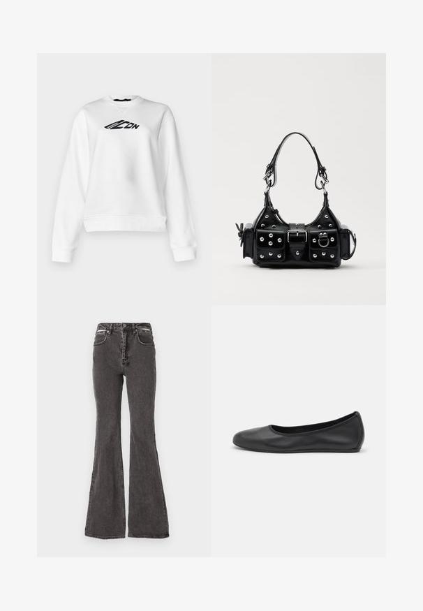 Hvid sweatshirt med rund hals og lange ærmer. Sort grafisk tekst på brystet. Blød stof med en let cropped pasform.; Sorte flared jeans lavet af denim med en falmet tekstur, der har forlommer, bæltesløjfer og metal detaljer ved taljen.; Sort læderballetsko med rund tå, glat tekstur, minimal syning og et fleksibelt såldesign.; Sort læderhåndtaske med et buet design, prydet med sølvfarvede nitter, en spænde og to sidelommer. Justerbar rem til forskellige bære muligheder.