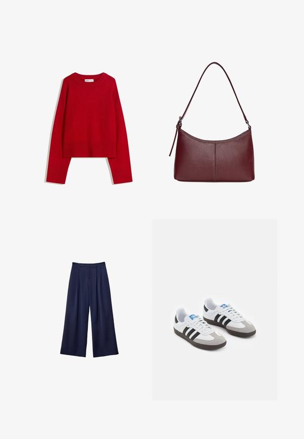 Roter Pullover mit Rundhalsausschnitt, langen Ärmeln und gerippten Bündchen und Saum. Aus weichem, strukturiertem Stoff gefertigt. Kürzeres Design.; Marineblaue weite Hosen mit Falten, Knopfverschluss und Gürtelschlaufen, flach auf einem weißen Hintergrund präsentiert.; Sportschuhe mit einem Obermaterial aus weißem Leder, grauer Wildleder-Zehenkappe und drei schwarzen Streifen. Sie verfügen über ein blaues Logo auf der Zunge und eine strukturierte Gummisohle.; Bordeauxfarbene Ledertasche mit geschwungener Form, einem einzigen Schulterriemen und gesteppten Details in der Mitte. Glatte Textur, minimales Zubehör.