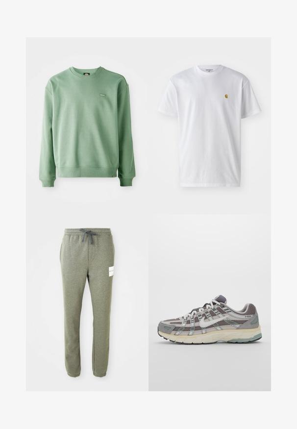 Zelený crewneck sveter vyrobený z mäkkej tkaniny, s rebrovanými manžetami a spodným lemom a malou logom značky na prednej strane. Hladká textura.; Biele bavlnené tričko s krátkymi rukávmi, okrúhlym výstrihom, s malým zlatým logom na ľavej strane hrude. Mäkká textúra a normálny strih.; Svetlosivé zúžené tepláky s elastickým pásom, šnúrkou na stiahnutie, bočnými vreckami, manžetami na členkoch a malou bielou značkovou nálepkou na pravom stehne.; Šedá športová obuv so zvrškom z nylonu a semišu, bielymi akcentmi, polstrovanou podrážkou a jedinečným dizajnom s reflexnými prvkami.