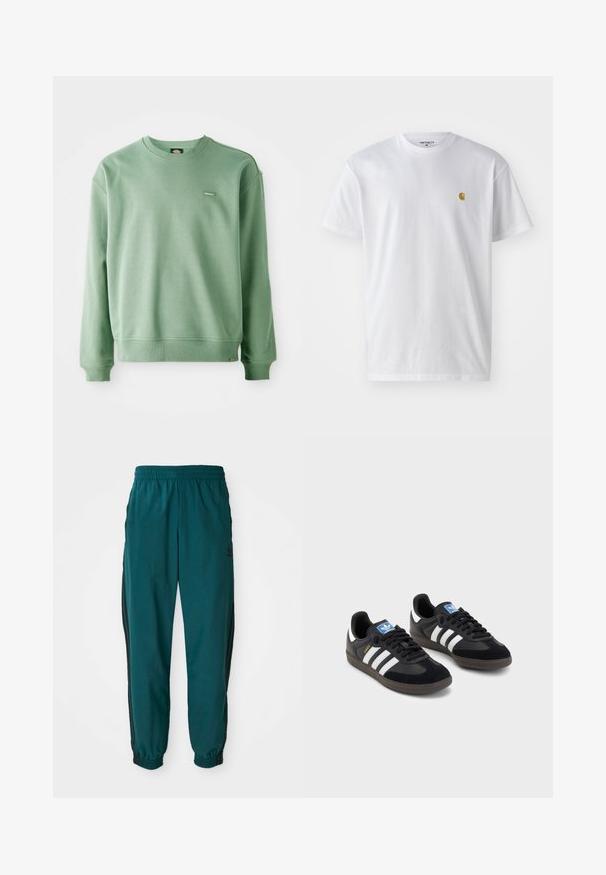 Vihreä crewneck-collegepaita, joka on valmistettu pehmeästä kankaasta. Paidan hihansuissa ja helmassa on ribattu viimeistely, ja edessä on pieni logotagi. Pintakuvio on sileä.; Valkoinen puuvillapaita lyhyillä hihoilla, pyöreä kaula-aukko, jossa on pieni kultainen logo vasemmassa rintapielessä. Pehmeä kangas ja normaali istuvuus.; Teal urheiluhaalari, jossa on nauhavyötärö, elastiset hihnat ja mustat sivuraitaa. Valmistettu kevyestä kankaasta, jossa on logo lonkan lähellä.; Mustat lenkkarit, joissa on mokkanahka- ja synteettinen päällinen, kolmella valkoisella raidalla, tekstuurilla varustettu kumipohja ja sininen logo-etiketti kielellä.