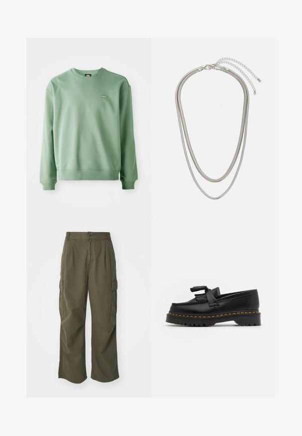 Zaļš crewneck džemperis, kas izgatavots no mīkstas auduma, ar ribotām aprocēm un apakšmalu, kā arī mazu logotipa birku priekšā. Gluda tekstūra.; Olīvu zaļas kravas bikses, izgatavotas no kokvilnas, ar platām kājām, ar krokām un sānu kabatām funkcionālitātes nolūkos.; Melnas ādas mokasīni ar pērlītēm uzsvaru, ar masīvu melnu zoli un dzeltenu šuvumu gar malu. Ar teksturētu apdari.; Trīslīmeņu sudraba metāla kaklarota ar gludām, elastīgām ķēdēm, kas spīd, droši piestiprināta ar omā uzgali un regulējamu ķēdi.
