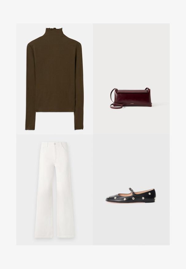 Bruine langemouwen ribgebreide top met een hoge kraag en subtiele sla-edge afwerking op de kraag, manchetten en zoom.; Witte, hoogwaist, wijde jeans van denim. Heeft een knoopsluiting, twee voorkruiszakken en zijnaadstiksel details.; Zwarte leren Mary Jane ballerina met een ronde neus, voorzien van zilveren ronde studs en een verstelbaar bandje met een gesp.; Bordeaux lederen schoudertas met een gladde textuur, rechthoekige vorm, klep sluiting en een dunne verstelbare schouderband. Gouden logo detail zichtbaar.