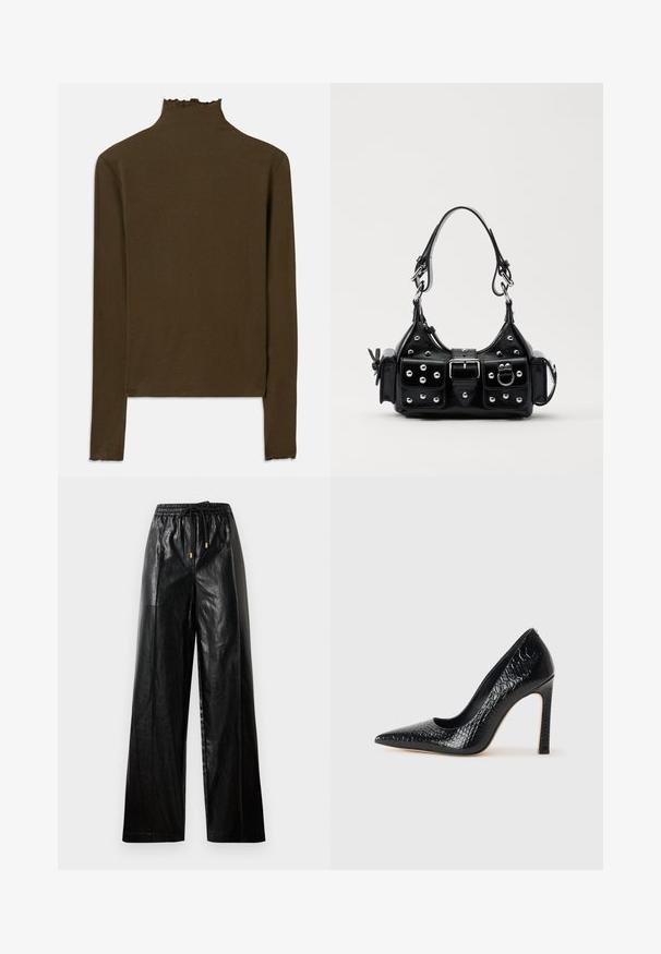 Top a maniche lunghe in maglia a coste color marrone, con collo alto e un delicato bordo arricciato su colletto, polsini e orlo.; Pantaloni ampi in pelle nera con cintura elastica, cordoncino e accenti in metallo dorato. Texture liscia e vestibilità ampia.; Scarpa nera con punta a punta alta in pelle di coccodrillo, caratterizzata da un design elegante, alto tacco a spillo e interno nero liscio.; Borsa a mano in pelle nera con design curvo, caratterizzata da borchie argentate, una fibbia e due tasche laterali. Tracolla regolabile per diverse opzioni di trasporto.