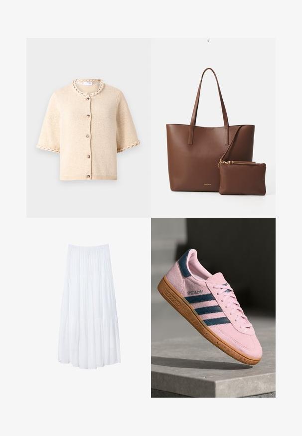 Beige neulottu neuletakki lyhyillä hihoilla, pyöreällä kaula-aukolla ja letitettyä reunusta kauluksessa ja hihoissa. Varustettu ruskeilla napilla.; Valkoinen, kerroksellinen maksihame, joka on valmistettu kevyestä kankaasta. Siinä on joustava vyötärö ja virtaava muotoilu, jossa on pehmeä, hienovarainen rakenne.; Vaaleanpunainen mokkanahkainen lenkkarit tummansinisin kolmella raidalla, kumipohjalla ja vaaleanpunaisilla nauhoilla. Sivussa on "SPEZIAL"-brändäys.; Ruskea tekonahkainen olkalaukku, jossa on kaksi pitkää kahvaa ja yhteensopiva pieni pussi. Pinnassa on teksturoitu kuvio ja kultaiset yksityiskohdat.