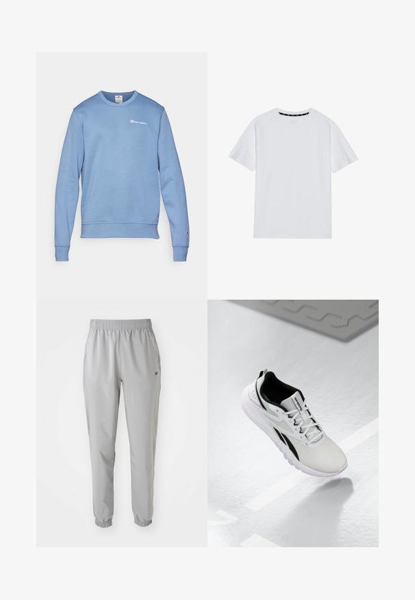 Světle modrý svetr vyrobený z bavlněné směsi. Má kulatý výstřih, dlouhé rukávy a malé bílé vyšívané logo na hrudi.; Bílý krátký rukáv tričko s jemnou texturou a kulatým výstřihem. Obsahuje černou nášivku uvnitř límce, jednoduchý design bez vzorů.; Světle šedé tepláky vyrobené z lehkého materiálu, s elastickým pasem, manžetami na kotnících a bočními kapsami. Jemný branding detail.; Světlé šedé sportovní boty s černými akcenty, texturovaným síťovaným svrškem, polstrovanou podrážkou a šněrováním. Obsahuje poutko na patě.