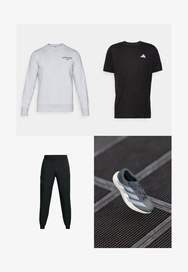 Lys grå sweatshirt laget av mykt materiale. Den har en V-halsdesign, ribbede mansjetter og en liten svart logo trykt på øvre venstre side.; Svart bomulls t-skjorte med korte ermer, rund hals og en hvit logo på venstre bryst. Glatt tekstur og enkelt design.; Sorte joggebukser med elastisk midje, tapered ben design, sidelommer og kontrasterende paneldetaljer. Lett, glatt stoff.; Sportsko leketøy i grått og hvitt, laget av syntetisk materiale, med et strømlinjeformet design, teksturert overflate og fremtredende snøresystem.