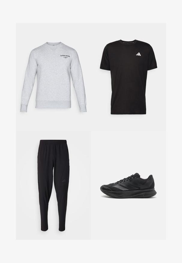 Világosszürke pulóver, puha anyagból készült. V-nyakú kialakítással, bordázott mandzsettákkal és egy kis fekete logóval a bal felső oldalon.; Fekete pamut póló rövid ujjal, kerek nyakkivágással, bal mellrészen fehér logóval. Sima textúra és egyszerű dizájn.; Fekete sportnadrág elasztikus derékpánttal, keskenyített fazonnal, oldalsó zsebekkel és diszkrét logóval. Rugalmas, légáteresztő anyagból készült.; Fekete sportcipő hálós és szintetikus anyagokkal, letisztult dizájn, ívelt talp és texturált díszítés a felső részen.