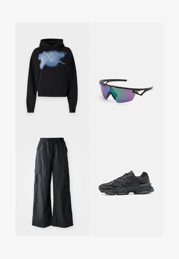 Svart kort hoodie med en blå grafisk design på framsidan, med huva och en känguruficka. Mjuk tyg med ribbade muddar.; Svarta cargobyxor i lätta material, med breda ben, elastisk midja och flera sidofickor. Enkla och funktionella.; Svart löparsko med en kombination av mesh och syntetiska material, kraftig sula, rundad design och framträdande varumärkning på sidan.; Sportiga solglasögon med svart ram, stora gradientlinser som har lila och gröna nyanser, samt vinkelräta designaccenter med logotypdetalj.