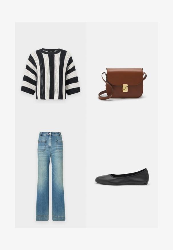 Kvačkana jopica s izmeničnimi temno modrimi in belimi črtami, okroglim izrezom in rokavi do tri četrtine. Teksturna pletenina.; Bela kratka majica s kratkimi rokavi iz rebrastega materiala. Okrogla ovratnica, običajen kroj in subtilni šivi. Brez vzorcev ali grafik.; Svijetloplave traperice s flared nogavicama, pet džepova, petljama za remen, kopčanjem na dugme i blago izblijedjelim izgledom, s crvenim logo detaljem na stražnjem dijelu.; Črne usnjene balerinke z zaobljenim nosom, gladko teksturo, minimalnimi šivi in fleksibilno zasnovo podplata.; Rjava usnjena torbica s poklopcem, zlato obarvani okovi, naramnica in gladka tekstura. Kompaktna pravokotna oblika.