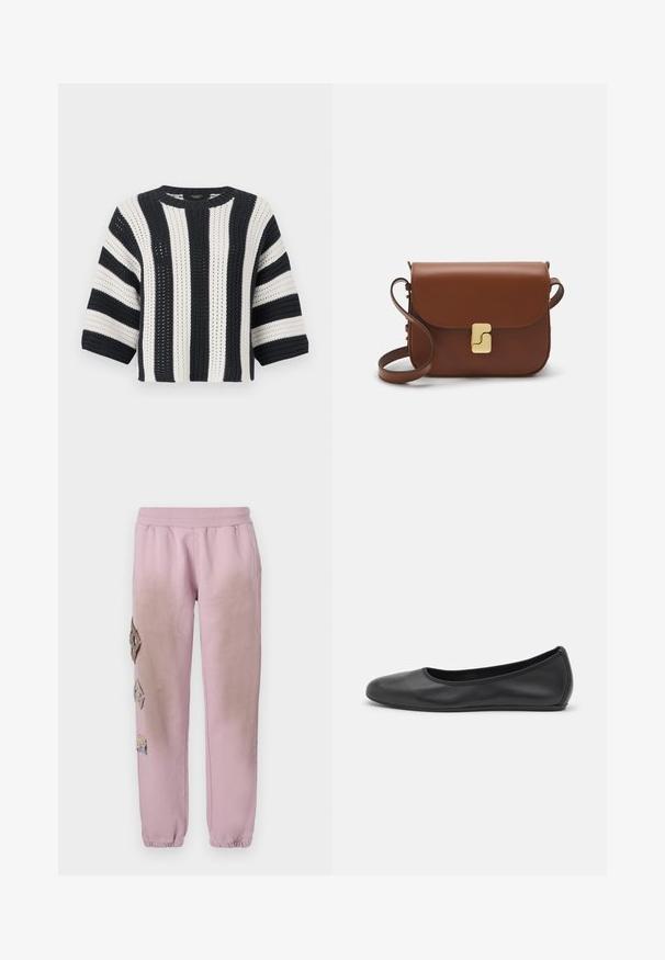 Gehäkelter Pullover mit abwechselnden dunkelblauen und weißen Streifen, Rundhalsausschnitt und Dreiviertelärmeln. Strukturierter Strickstoff.; Weißes kurzärmliges T-Shirt aus geripptem Stoff. Runder Halsausschnitt, normale Passform und dezente Nähte. Keine Muster oder Grafiken.; Rosa Sweatpants mit elastischem Bund, verziert mit dekorativen Patches in Diamantform auf der linken Seite und elastischen Bündchen an den Knöcheln.; Schwarze Leder-Ballettschuhe mit abgerundeter Spitze, glatter Textur, minimalen Nähdetails und einem flexiblen Sohlen-Design.; Braune Ledertasche mit Klappenverschluss, Beschlägen in Goldfarbe, einem Schultergurt und einer glatten Oberfläche. Kompakte rechteckige Form.