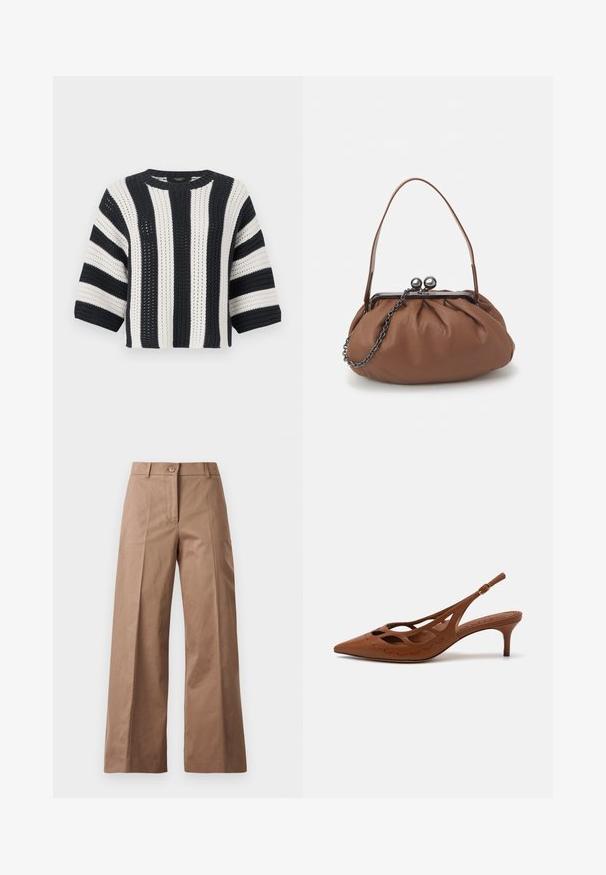 Pull en crochet avec des rayures alternées bleu marine et blanches, encolure ronde et manches trois-quarts. Tissu en tricot texturé.; Pantalons larges marron en tissu lisse, dotés d'une fermeture à bouton à l'avant, de deux poches avant et de lignes nettes et ajustées.; Escarpin à talon en cuir marron, avec un bout pointu, un design découpé et des détails cousus. Il dispose d'un talon élancé et d'une sangle réglable.; Sac à main en cuir marron avec un design plissé, une courte poignée en cuir et une bandoulière en chaîne. Présente un fermoir en métal argenté avec deux accents ronds.