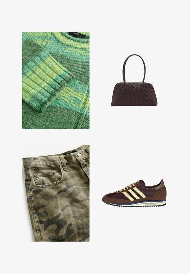 Next SPACEDYE STRIPE - Pullover - green bright; Haut ajusté à manches longues en tissu marron foncé. Encolure ronde, texture lisse et manches légèrement allongées sans poignets.; Next Short en jean - camo print; Baskets marron et bordeaux avec des matériaux en daim et en maille, présentant trois rayures crème, un tissu texturé sur la languette et une semelle en caoutchouc.; Sac à main en cuir tissé marron avec une forme arrondie, deux poignées supérieures, et une texture lisse ; présente des coutures discrètes pour le détail du design.