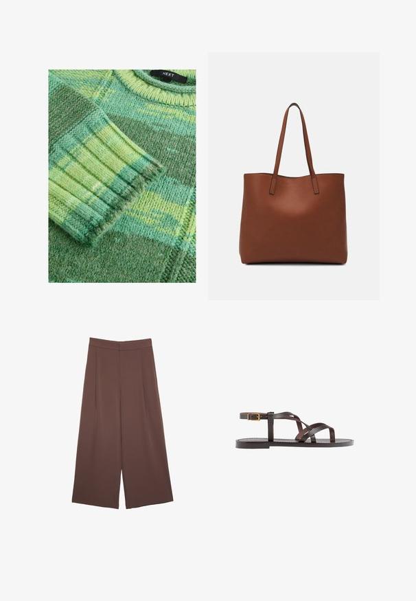 Next SPACEDYE STRIPE - Jumper - green bright; Brown wide-leg trousers with a smooth texture, featuring a high waist and front pleats. The fabric is lightweight and flows loosely.; Brown leather sandal featuring crisscross straps, an ankle buckle closure, and a flat sole with minimal stitching details.; Brown leather tote bag with a smooth texture, open top design, and two shoulder straps. Features minimal stitching and no visible hardware.