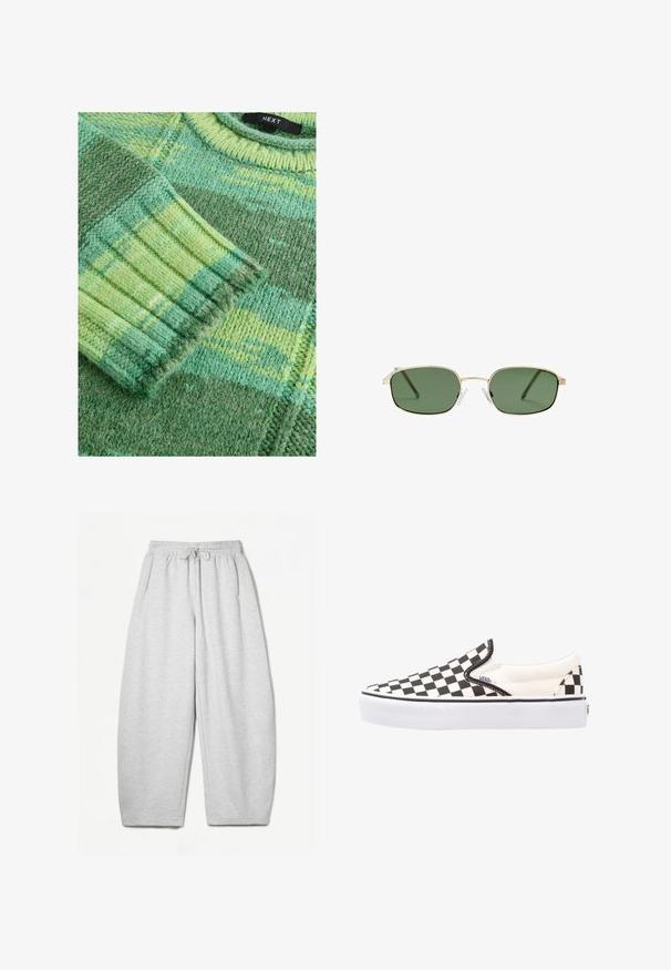 Next SPACEDYE STRIPE - Stickad tröja - green bright; Ljusgrå sweatpants med avslappnad passform, elastiskt midjeband, dragsko och sidofickor; tillverkade av mjukt, texturerat tyg.; Svart-och-vit rutiga slip-on Vans-skor med överdel av kanvas, gummisula och vadderad krage. Platt, rund tå med vita sula accenter.; Sunglasses med en guldig metallram, gröna linser, rektangulär form och klara plast näskuddar. Tunn, slank båge med minimal design.