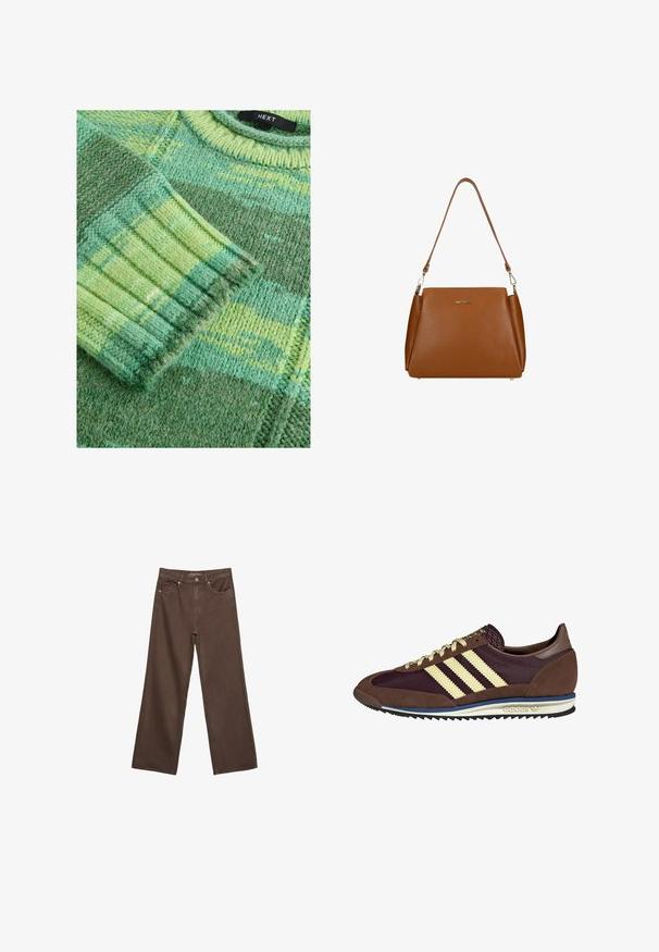 Next - Sweter; Szerokie brązowe dżinsy wykonane z denimu, z wysokim stanem, przednimi kieszeniami i klasycznym zapięciem na guzik. Gładka faktura z subtelnym przeszyciem.; Brązowe i burgundowe sneakersy wykonane z zamszu i siateczkowych materiałów, z trzema kremowymi paskami, teksturowanym materiałem na języku i gumową podeszwą.; Brązowa skórzana torebka z teksturowaną powierzchnią, z pojedynczym paskiem na ramię i subtelnym logo z przodu. Charakteryzuje się usztywnioną konstrukcją.