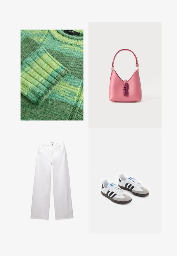 Next SPACEDYE STRIPE - Strickpullover - green bright; Weiße weit geschnittene Jeans aus Denim. Mit Knopfverschluss, Vorder- und Gesäßtaschen sowie gesteppten Nähten. Glatte Textur mit minimalen Details.; Sportschuhe mit einem Obermaterial aus weißem Leder, grauer Wildleder-Zehenkappe und drei schwarzen Streifen. Sie verfügen über ein blaues Logo auf der Zunge und eine strukturierte Gummisohle.; Rosa Lederhandtasche mit strukturiertem Design, ausgestattet mit einem glänzenden Verschluss und einem einstellbaren Gurt. Texturierte Oberfläche mit goldfarbenen Beschlägen.