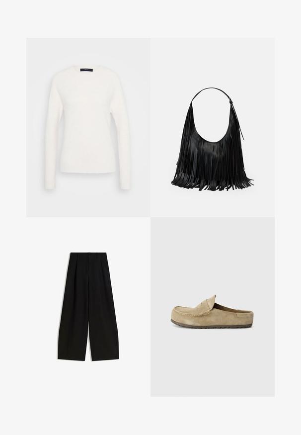 Dugi rukav bijeli pulover s okruglim izrezom, s rebrastim manžetama i rubom, prikazan na jednobojnoj svijetlosivoj pozadini.; Crne široke hlače izrađene od glatkog materijala, s visokim strukom, nabranim detaljima sprijeda i bez vidljivih ukrasa ili uzoraka.; Birkenstock NAPLES WRAPPED LEVE TAUPEN - REGULAR - Natikače - taupe; Crna kožna torba s resama, zaobljenog oblika i jednim remenom za rame. Glatka textura s minimalističkim dizajnom.