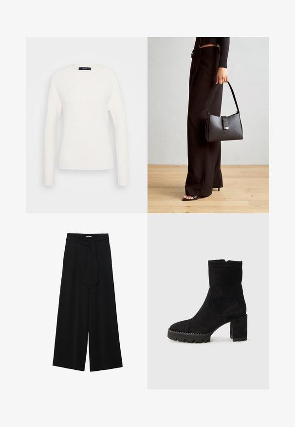 Long-sleeve white crewneck sweater with ribbed cuffs and hem, displayed on a plain light gray background.; Black wide-leg pants featuring a textured fabric, an elastic waistband, and a detachable sash tie at the waist for adjustable fit.; Black ankle boots made of suede with a square toe, chunky heel, and textured rubber sole featuring zigzag accents. Smooth finish.; Black handbag with structured shape, smooth texture, and a metallic clasp. Paired with wide black pants and open-toe sandals on wooden floor.