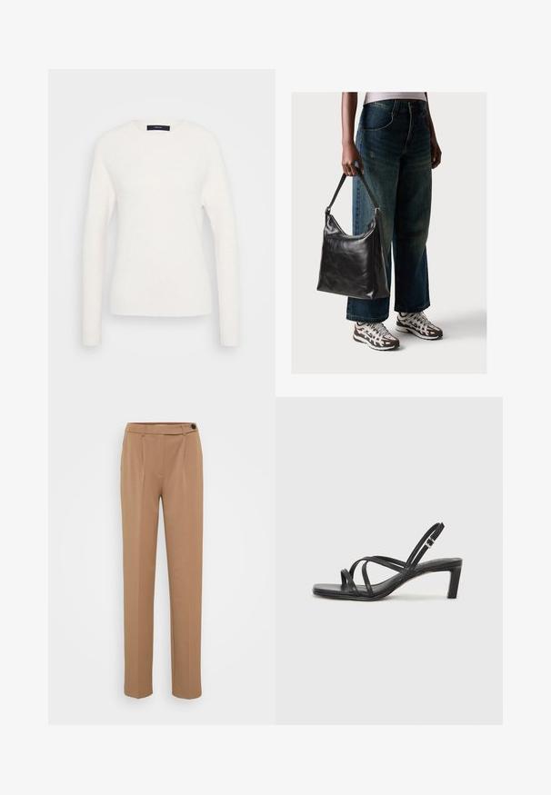 Garās piedurknes baltā kreisa krūštura džemperis ar ribotas aproces un apakšmalas, attēlots uz vienkārša gaiši pelēka fona.; Brūni pielāgoti bikses ar taisnu kāju, ar vienu pogas aizdari un krokotā priekšpuses dizainu. Gluda tekstūra, minimālisma stils.; Melnas strappy sandales ar kvadrātveida purngaliem un zemu bloku papēdi. Ievērojamas ar vairākiem plāniem siksniņām un regulējamu potītes siksniņu. Izgatavotas no gludas ādas.; Melna ādas pleca soma ar gludu tekstūru un regulējamu siksnu, saskaņota ar izbalējušām platām biksēm un sportiskām kedām.; Sudraba divu joslu gredzens ar gludu, pulētu virsmu. Iezīmējas ar plūstošu, izliekta dizaina struktūru ar pārklājošām sekcijām modernam izskatam.