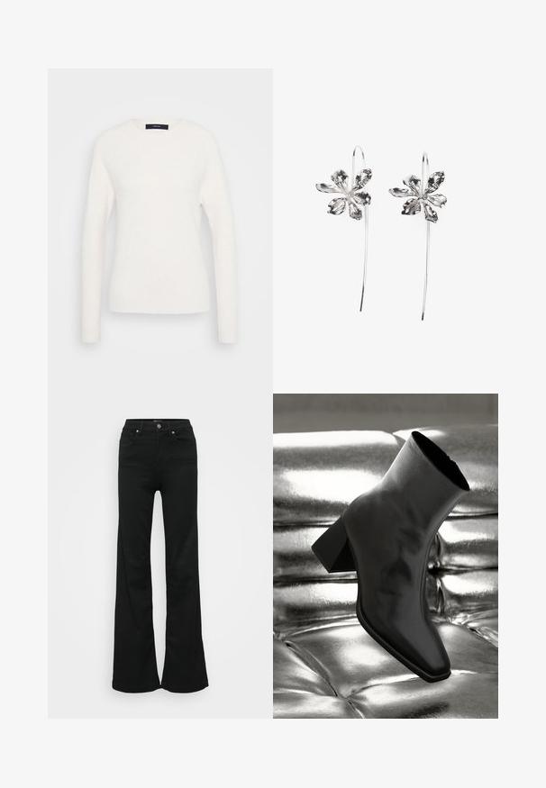 Long-sleeve white crewneck sweater with ribbed cuffs and hem, displayed on a plain light gray background.; Black flared jeans made from denim, featuring a high waist, five pockets, and metal button closure. Smooth texture with minimal detailing.; Black ankle boot made of glossy material with a square toe and tapered heel, set against a shiny silver tufted background.; Silver flower-shaped earrings with a textured finish, featuring long hooks and petal-like details for an intricate design.