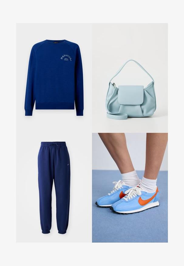 Felpa blu a collo rotondo realizzata in tessuto morbido, con polsini e orlo a costine. Sul fronte è presente un logo testuale bianco con un design ad arco.; Pantaloni della tuta blu navy realizzati in tessuto morbido, con vita elasticizzata regolabile tramite cordino, polsini elasticizzati e un piccolo logo bianco.; Sneaker in mesh e suede blu con accenti arancioni e lacci bianchi. Suola in gomma nera. Indossate con calze bianche fino alla caviglia su una superficie blu.; Borsa a mano in pelle blu chiaro con manico superiore, tasca con pattina frontale e tracolla rimovibile su sfondo bianco.