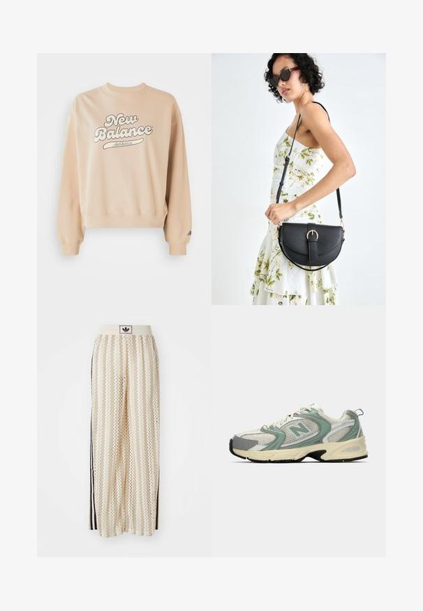 Sweatshirt bege com gola e punhos canelados. Apresenta um grande logótipo "New Balance Athletics" em cinza escuro. Textura suave, corte descontraído.; Calças largas de cor creme com um padrão em zigzag, apresentando uma cintura com logotipo preto e riscas laterais pretas. Tecido leve e texturizado.; Sapatilhas atléticas New Balance em branco e verde claro, com tecido em malha, sola bege e sola preta, apresentadas de lado sobre um fundo simples.; Bolsa de couro preta com forma curva, alça destacável e detalhes em dourado. A bolsa possui uma aba com detalhe de fivela.