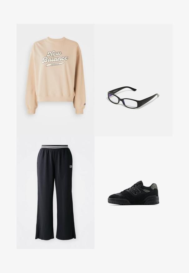 Sudadera beige con cuello y puños acanalados. Presenta un gran logo de "New Balance Athletics" en gris oscuro. Textura suave, corte relajado.; Pantalones deportivos negros con un diseño de pierna ancha, cinturilla elástica con rayas en blanco y negro, y aberturas en los laterales del dobladillo.; Zapatilla negra de perfil bajo con suela texturizada, diseño de cordones, paneles de gamuza y acentos con patrón en el talón y el logo lateral.; Gafas rectangulares negras con lentes transparentes. Acabado brillante, varillas estrechas y tinte púrpura visible en los bordes de los lentes.