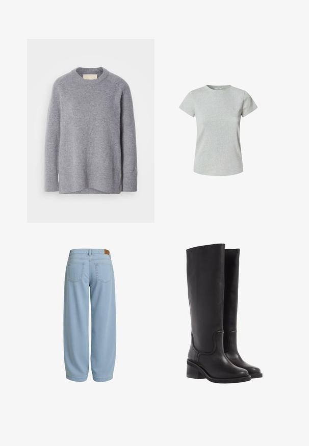Lichtgrijze, lange mouw, ronde hals trui met ribbels aan de mouwen en onderkant, gemaakt van zachte gebreide stof.; Grijze katoenen t-shirt met korte mouwen en een ronde halslijn. Gladde textuur, klassieke pasvorm en geen zichtbare patronen of versieringen.; Lichtblauwe denim broeken met een relaxed fit, voorzien van twee achterzakken, een tailleband met een bruine leren label en toelopende enkels.; Zwarte leren kniehoge laarzen met een soepele textuur, ronde neus en een chunkyer heel. Heeft subtiele stiksels en een gestroomlijnd ontwerp.