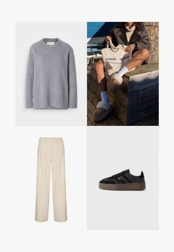 Hellgrauer, langärmliger Rundhals-Pullover mit gerippten Bündchen und Saum aus weichem Strickmaterial.; Beige weite Hose aus Leinenmischung mit hoher Taille, Falten und glatter Textur. Keine sichtbaren Beschläge oder Muster.; Sneaker mit einer schwarz-grauen Textur, aus Wildleder-Obermaterial, runder Zehenpartie, Schnürdesign und einer dicken braunen Gummisohle.; Beige Tragetasche mit zweimal aufgedrucktem "SAMSOE", tanfarbene Hausschuhe mit weißem Kunstfellbesatz, weiße Socken und einen braunen Schaffellmantel auf einer Holzoberfläche.