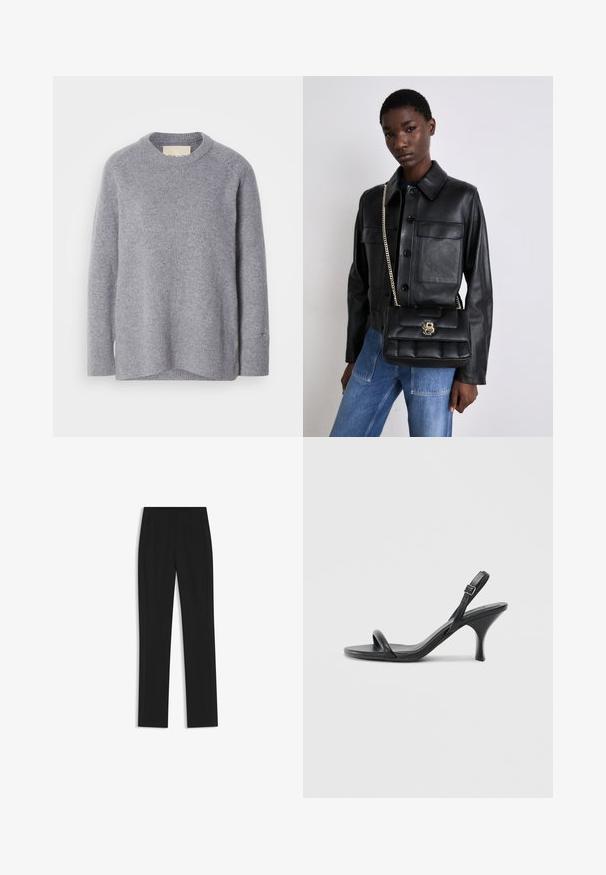Pull en maille douce de couleur gris clair, à manches longues et col rond, avec des poignets et un ourlet côtelés.; Pantalon noir ajusté avec une coupe droite, doté de poches avant et d'un tissu lisse et texturé. Détails soignés et minimalistes.; Sandales à talons hauts en cuir noir avec un talon fin et courbé et un design de brides croisées. Bride de cheville réglable. Texture lisse.; Veste en cuir noir avec fermeture à bouton et deux poches avant, assortie d'un sac à main matelassé noir avec un fermoir en or et une bandoulière chaîne.