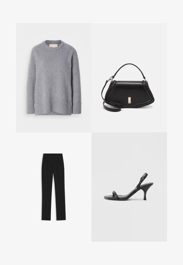Hellgrauer, langärmliger Rundhals-Pullover mit gerippten Bündchen und Saum aus weichem Strickmaterial.; Schwarze maßgeschneiderte Hose mit geradem Bein, ausgestattet mit Fronttaschen und einem glatten, strukturierten Stoff. Saubere, minimale Details.; Schwarze Leder-Sandalen mit hohen Absätzen, schlankem, gebogenem Absatz und gekreuztem Riemendesign. Verstellbarer Knöchelriemen. Glatte Textur.; Schwarze Lederhandtasche mit einem strukturierten Design, das eine verkürzte Form, einen oberen Griff und goldfarbene Hardware-Details aufweist. Verstellbarer Schulterriemen ist enthalten.