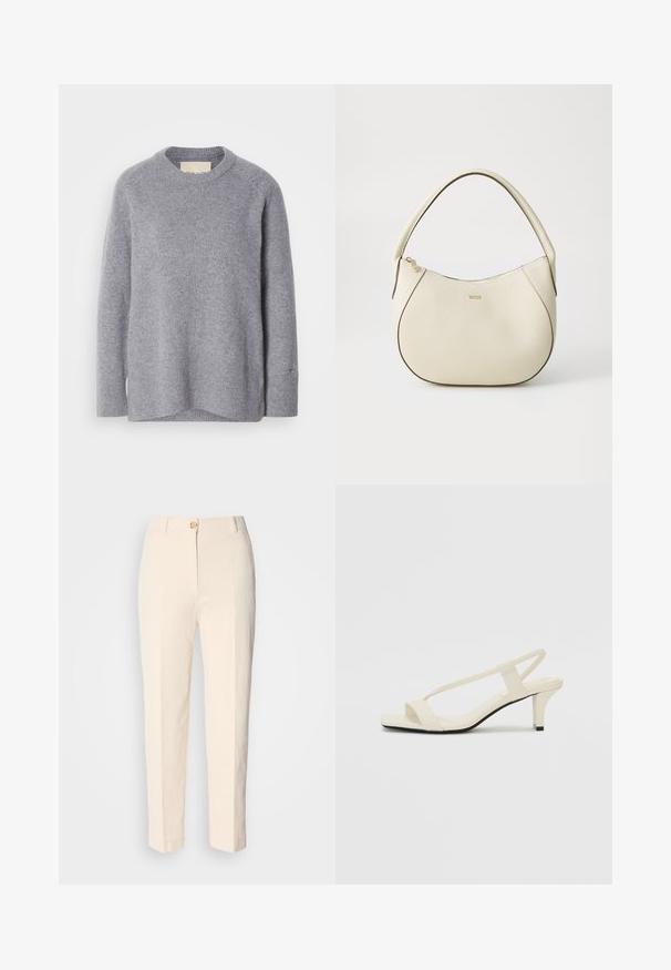 Light grey, long-sleeve, crewneck sweater with ribbed cuffs and hem made of soft knit fabric.; Cream-colored, high-waisted trousers made of textured fabric. Features a front button closure and tapered legs.; Beige block-heeled sandals with thin straps and a square toe. Smooth material with minimal detailing, designed for easy wear.; Cream-colored handbag with a textured finish, curved shape, short handle, and gold-tone logo detail. Zipper closure at the top.