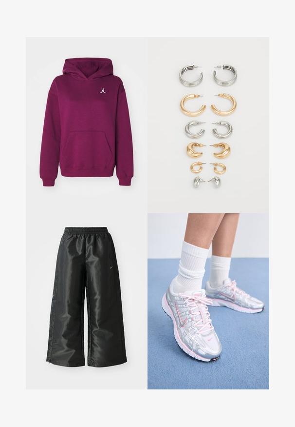Jordan Športni pulover - bordeaux; Črne atletske hlače iz sijočega, gladkega blaga, z elastiko v pasu, širokimi nogami in majhnim logotipom na levi strani.; Nike tekaške čevlje z srebrno mrežasto zgornjico in rožnatimi poudarki, belimi vezalkami in teksturirano podplatom. Oblečeni so z belimi bombažnimi športnimi nogavicami.; Komplet osmih kovinskih uhani v srebrnih in zlatih odtenkih. Vključuje različne obroče, stile, teksture in končne obdelave, razporejene po velikosti.