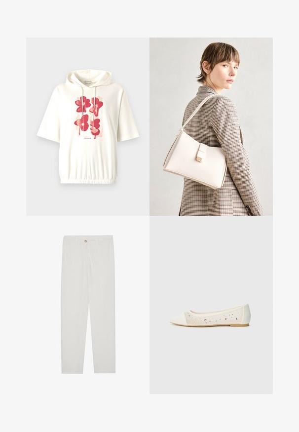 Felpa bianca con cappuccio che presenta una grafica centrale con forme floreali astratte rosse. Tessuto morbido con una vita arricciata e maniche corte.; Pantaloni bianchi su misura con design a gamba dritta, dotati di chiusura a bottone, passanti per cintura e tasche laterali; tessuto morbido.; Flat a punta in pelle crema con tomaia trasparente decorata con strass sparsi. Suola morbida per il comfort, design minimalista.; Borsa a mano in pelle bianca con un design strutturato, presente di un clasp magnetico e una tracolla, esposta su uno sfondo neutro.