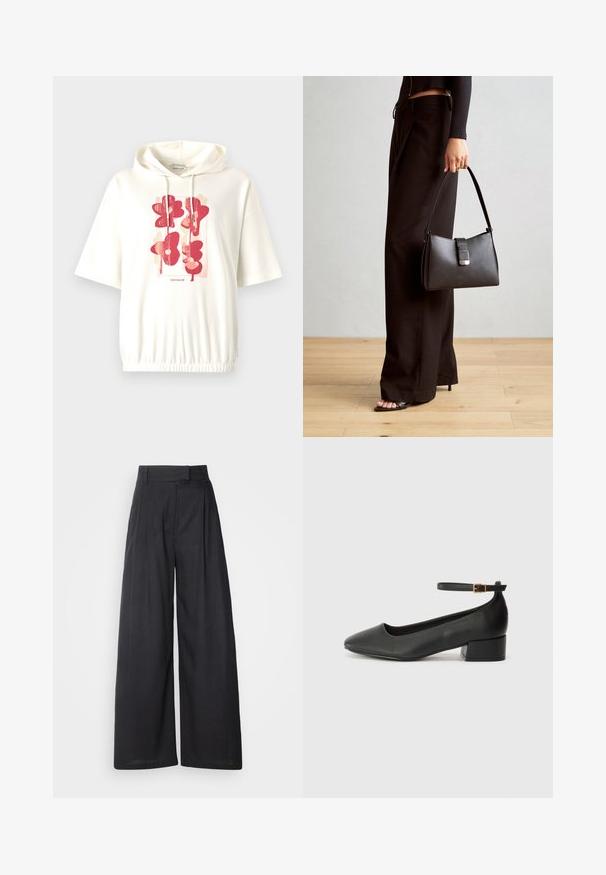 Biała bluza z kapturem z centralnym wzorem przedstawiającym abstrakcyjne czerwone kształty kwiatowe. Miękka tkanina z marszczonym pasem i krótkimi rękawami.; Czarne, szerokie spodnie z szerokim paskiem i zakładkami. Wykonane z lekkiego materiału, o gładkiej fakturze i bez widocznych wzorów.; Czarne skórzane szpilki z ostrym noskiem i niskim słupkowym obcasem. Wyposażone w pasek na kostkę z złotym zapięciem. Gładka tekstura.; Czarna torebka o usztywnionym kształcie, gładkiej fakturze i metalowym zapięciem. Połączona z szerokimi czarnymi spodniami i sandałami na otwartym palcu na drewnianej podłodze.