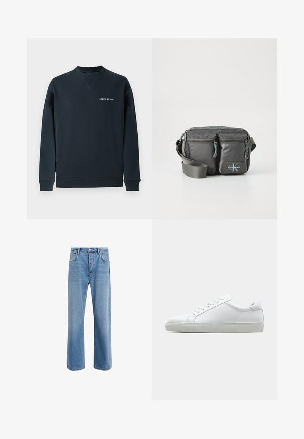 Felpa di cotone blu navy con collo a giro, polsini e orlo a costine. Presenta il logo "LYLE & SCOTT" in bianco sul petto. Texture liscia.; Jeans in denim blu chiaro con design a gamba dritta, cinque tasche, chiusura con bottone, leggero sbiadimento e dettagli di cucitura a contrasto.; Sneaker bianco con tomaia in pelle liscia e profilo basso. Presenta una punta arrotondata, sei occhielli e una suola in gomma testurizzata.; Borsa a tracolla in nylon grigio con due tasche frontali con zip, tracolla regolabile e accentuazione del logo. Texture liscia con un design moderno.