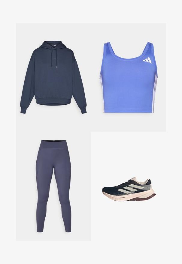 Navyblauer Kapuzenpullover mit einer vorderen Kängurutasche, gerippten Bündchen und Saum. Der Text "BORG" ist auf der Brust gestickt.; Hellblaues Sport-BH aus dehnbarem Material, mit rundem Ausschnitt, breiten Trägern und weißen seitlichen Streifen sowie einem Logo auf der oberen linken Seite.; Hochtaillierte Leggings in einem einfarbigen Dunkelgrau. Hergestellt aus elastischem Stoff mit Flachnaht und einem eng anliegenden, zulaufenden Bein Design.; Laufschuh mit einem dunkelblauen Mesh-Obermaterial, leichter beige Sohle und weißem Drei-Streifen-Design. Verfügt über eine schlanke, aerodynamische Form und strukturierte Akzente.