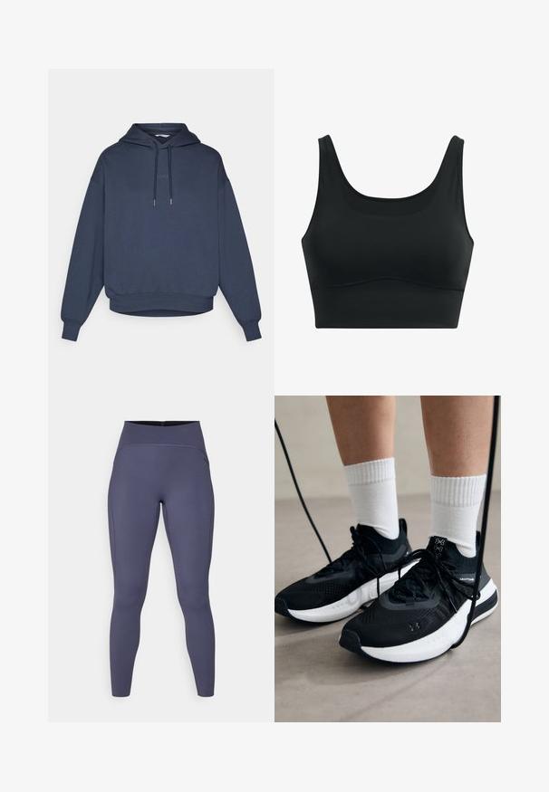 Námo modrý mikina s kapucňou, predné klokanie vrecko, rebrované manžety a spodný lem. Text "BORG" je vyšitý na hrudi.; Čierny športový podprsenka vyrobená z hladkej tkaniny, s hlbokým výstrihom, širokými ramienkami a bezšvovým dizajnom so zaobleným lemom.; Legíny s vysokým pásom v jednotnej tmavošedej farbe. Vyrobené z elastického materiálu s plochými švami a priliehavým, zužujúcim sa strihom nohavic.; Čierne športové topánky s textúrovanou tkaninou, bielou podrážkou a čiernymi šnúrkami. Nosené s bielymi rebrovanými ponožkami, postavené na svetlom povrchu.