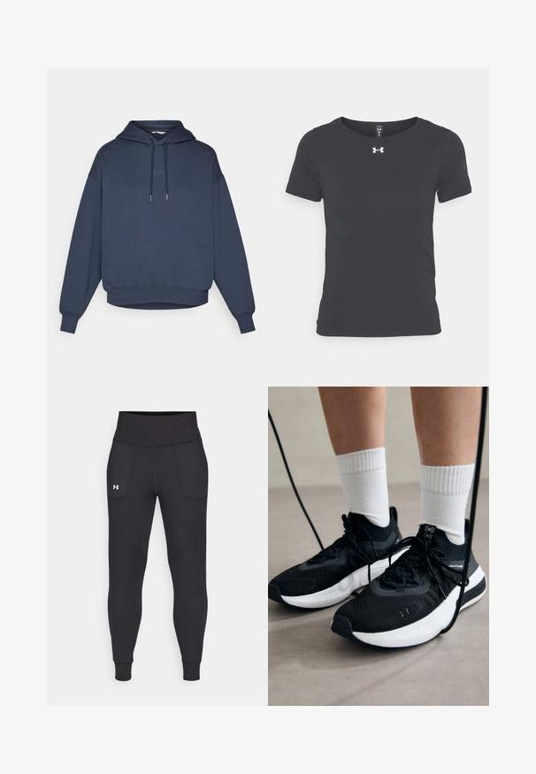 Jūras zila kapuci jaka ar priekšējo kengura kabatu, ribotiem piedurknēm un apakšmalu. Uz krūtīm ir izšūts teksts "BORG".; Melnas īsām piedurknēm sporta krekls, izgatavots no viegla materiāla, ar apaļu kakla izgriezumu un Under Armour logo uz krūtīm.; Melnas sporta legingi, kas izgatavoti no stiepjama materiāla, ar augstu jostasvietu, sānu kabatām un pieguļošiem anklets.; Melni sporta apavi ar strukturētu audumu, balta zole un melni šņores. Valkāti ar baltām ribotām zeķēm, stāvot uz gaišas virsmas.