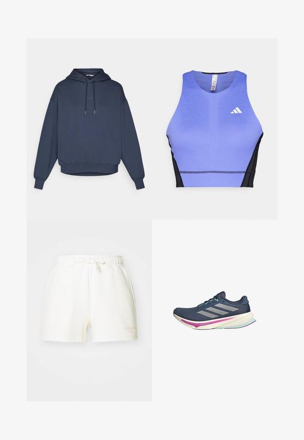 Granatowy sweatshirt z kapturem, przednia kieszeń typu kangur, ściągacze na rękawach i u dołu. Na klatce piersiowej wyszyty napis "BORG".; Fioletowy sportowy crop top z teksturowaną powierzchnią, czarnymi bocznymi panelami i białym logo na lewej klatce piersiowej. Sportowy design z okrągłym dekoltem.; Białe bawełniane szorty z elastycznym pasem i wiązanym akcentem. Posiadają boczne kieszenie oraz małe nadrukowane logo w jasnopomarańczowym kolorze.; Granatowe buty biegowe z siateczkową cholewką, srebrnymi paskami, miętowymi akcentami oraz wyściełaną podeszwą z różowymi i turkusowymi detalami dla wygody.
