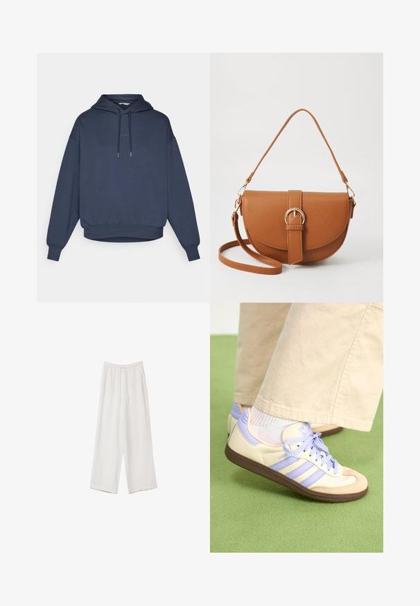 Tummansininen huppari, jossa on etulaukku, ribbaustaskut ja helma. Rinnassa on brodeerattu teksti "BORG".; Valkoiset leveälahkeiset housut kevyestä kankaasta. Ominaisuuksiin kuuluu elastinen vyötärö, jossa on nauhakuuluma ja sivutaskut. Sileä rakenne.; Kermasilta ja laventelilta näyttävät lenkkarit kolmella raidalla ja teksturoidulla ruskealla pohjalla, varustettuna nauhoilla ja pehmustetulla kantapäällä. Pehmeä kangaspinta.; Ruskean nahkainen olkalaukku, jossa on kaareva muoto, kultaiset yksityiskohdat ja solkiyksityiskohta. Varustettu irrotettavalla olkahihnalla.