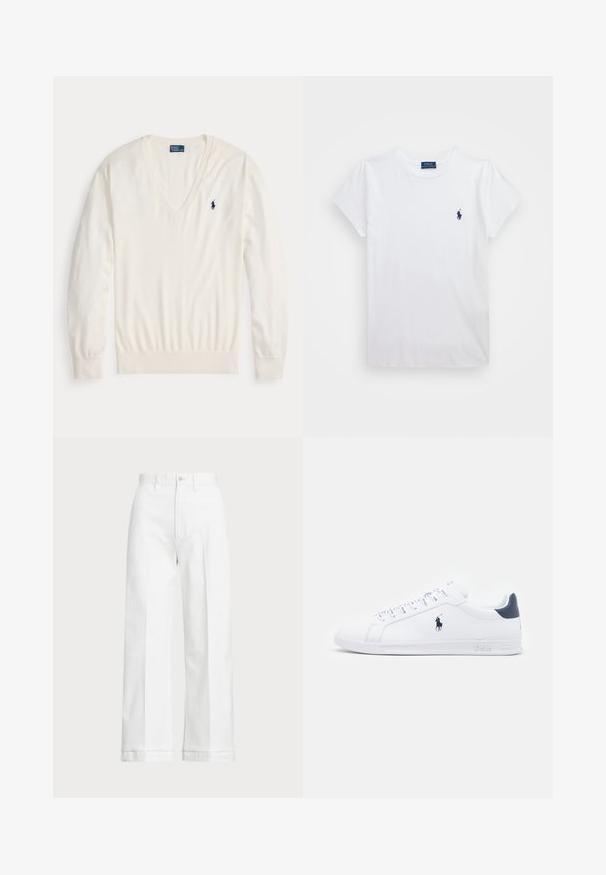 Pulôver de decote em V, de cor creme, feito de um tecido de malha suave. Apresenta mangas longas e um pequeno logótipo azul no lado esquerdo do peito. Textura lisa.; T-shirt branca em algodão com mangas curtas, apresentando um pequeno logótipo azul-marinho no lado esquerdo do peito. Design simples com decote redondo.; Calças brancas de perna larga com uma cintura alta, apresentando um fecho de botão e detalhes de costura discreta. Feitas de algodão com uma textura suave.; Tenis brancos de couro com um acabamento suave, detalhes em azul marinho e um pequeno logotipo na lateral. Possui atacadores planos e sola de borracha texturizada.