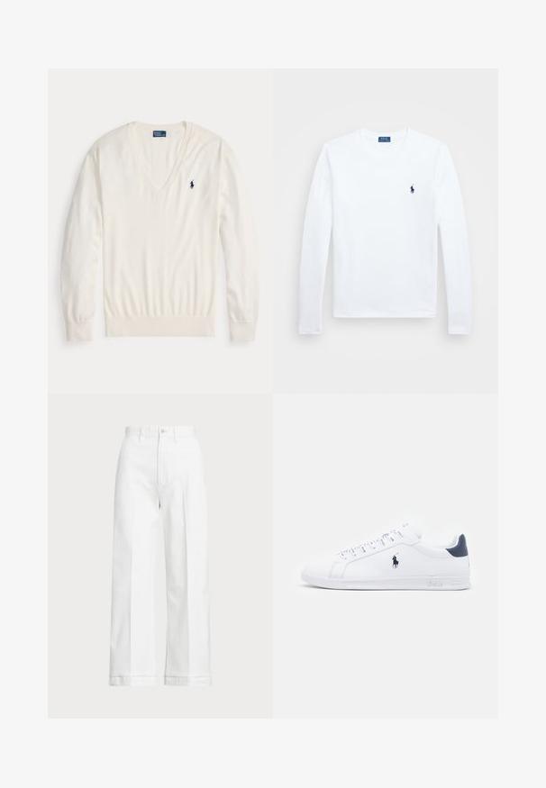 Sweter w kolorze kremowym z dekoltem w serek, wykonany z miękkiej dzianiny. Posiada długie rękawy oraz małe niebieskie logo na lewej piersi. Gładka tekstura.; Biała koszula z długim rękawem, wykonana z bawełny, okrągły dekolt, z małym granatowym logo na lewej piersi. Prosty wzór, standardowy krój.; Białe, szerokie spodnie z wysokim stanem, z zapięciem na guzik i subtelnymi detalami wyszycia. Wykonane z bawełny o gładkiej fakturze.; Białe skórzane sneakersy o gładkim wykończeniu, granatowe akcenty i małe logo po boku. Posiadają płaskie sznurowadła i teksturowaną gumową podeszwę.