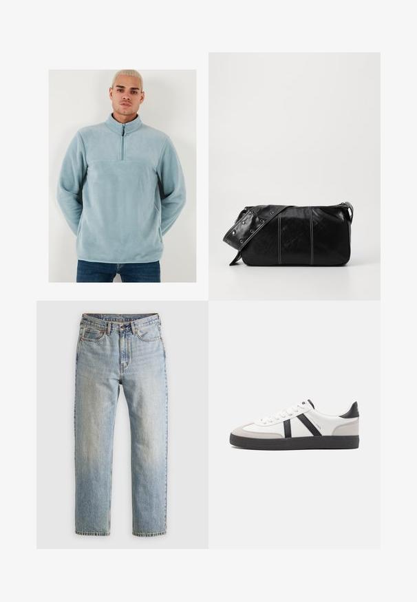 Svijetloplavi flis pulover s visokim ovratnikom i polu-zip zatvaračem sprijeda. Mekani materijal s jedinstvenim dizajnom i horizontalnom šavom preko prsa.; Svijetloplave traperice visoki struk, prednji gumb, zatvarač i dizajn s pet džepova, položene ravno na neutralnoj pozadini.; Bijele tenisice s crnim i sivim detaljima, s teksturiranim sivim zaštitnikom prstiju, crnim gumene potplate i ravnim bijelim vezicama. Čist dizajn, minimalistički stil.; Crna kožna torba preko ramena s zatvaranjem na patentni zatvarač, s teksturiranim tijelom, bijelim šavovima i remenom sa srebrnim okovima.