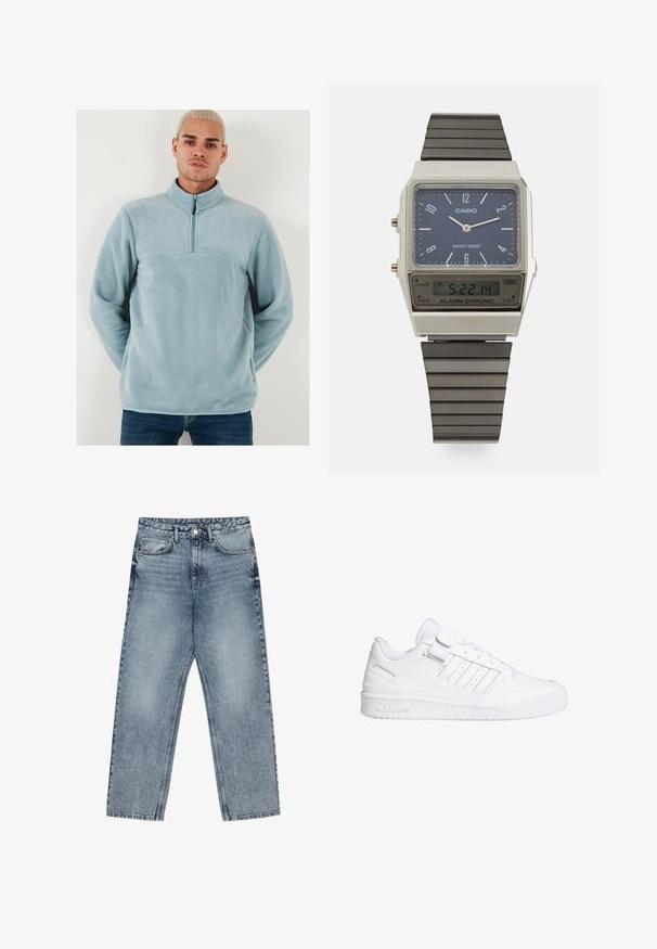 Lys blå fleece trøje med høj krave og halv lynlås foran. Blød tekstur med et ensartet design og en vandret søm på tværs af brystet.; Lysblå denim jeans med lige ben, synlig syning, fem lomme-design og knaplukning ved taljen.; Hvide atletiske sneakers med en glat læderoverdel, perforeret tå, tre stribede detaljer og en velcrorem. Gummisål med branddetalje.; Casio digitalur med en blå urskive, sølvgehus og lagdelt sort gummirem. Viser tidspunkt og alarmindstillinger. Vandafvisende.