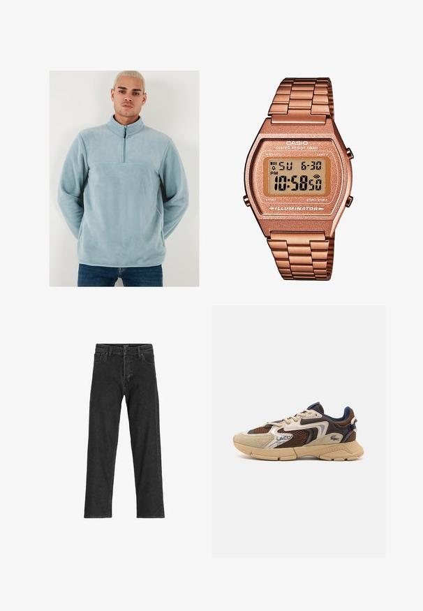 Gaiši zilas flīsa džemperis ar augstu apkakli un puspiedziņu priekšā. Mīksta tekstūra ar vienkāršu dizainu un pa horizontālu šuvi krūtīs.; Melna denim bikses ar taisnu kāju dizainu, ar rāvējslēdzēju, jostas cilpām un sešām kabatām, izgatavotas no stirdas kokvilnas maisījuma auduma.; Beige un brūni sneakeri ar teksturētām režģu paneļiem, zamšādas akcentiem un gumijas zoli. Iezīmes auklu dizains un zīmola detaļas.; Digitālais Casio pulkstenis ar rozā zelta metāla siksniņu, taisnstūra korpusu, apgaismotu displeju un ūdensizturību, kas attēlo laiku un datumu.